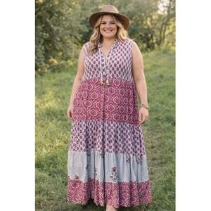 Chelsea & Theodore Dress Womens 1X Pink Floral Sleeveless Tiered Maxi Boho